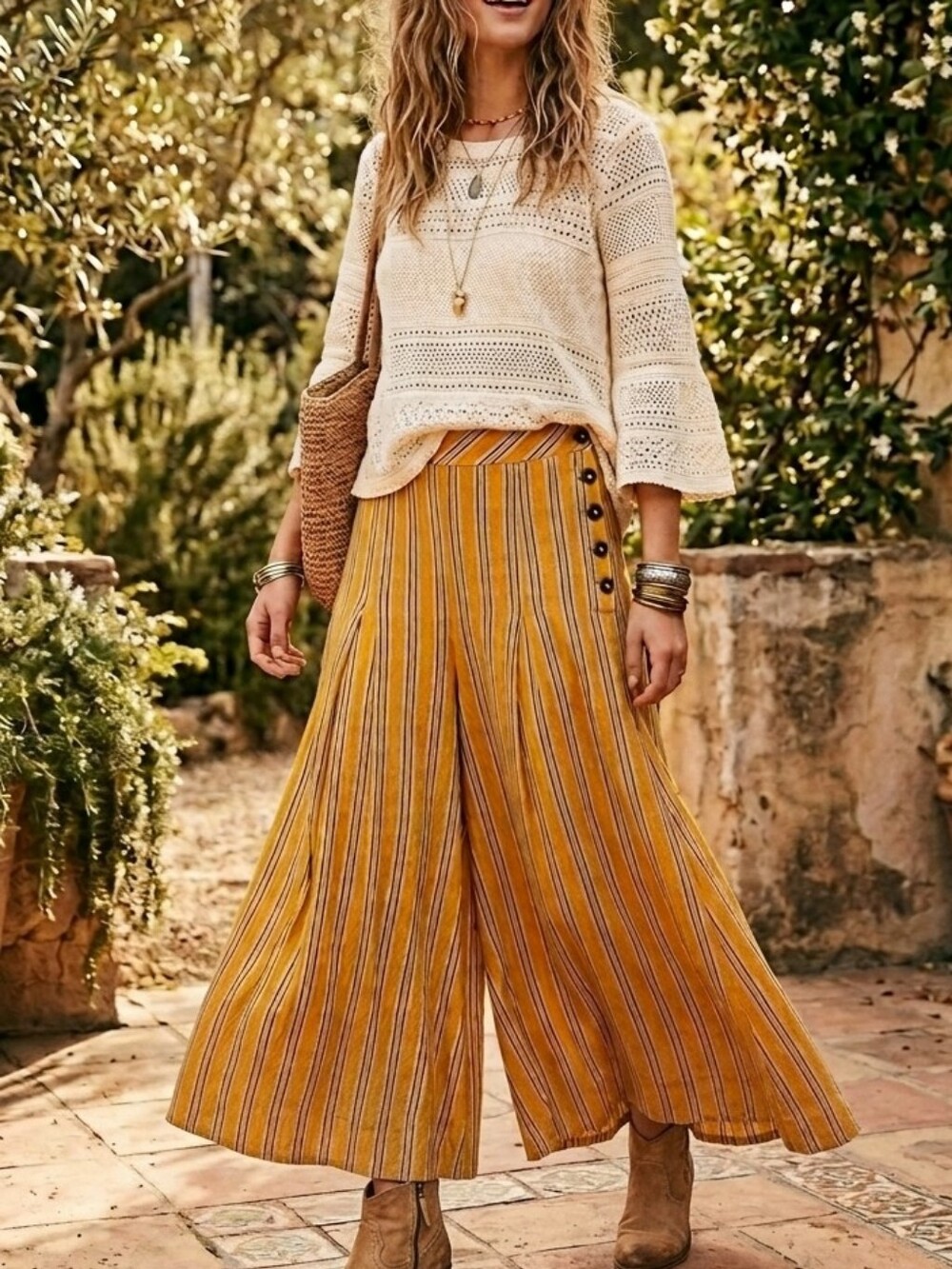 Free People Women's Yellow Striped Button-Accent Wide Leg Pants